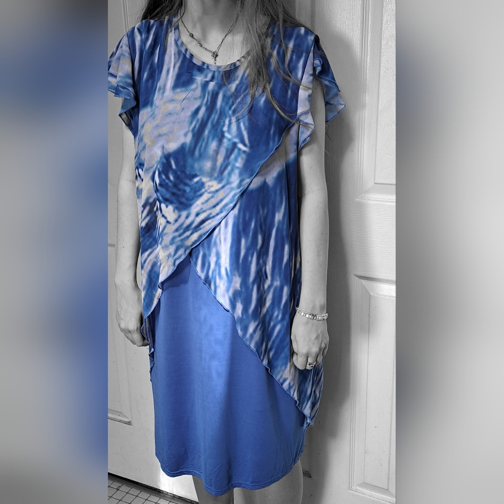 Blue Scarf Sheer Dreamy Stretchy Underdress Comfy Flattering Midi Dress